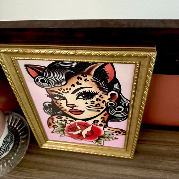 Leopard Lady Tattoo Floral Woman Cat Pinup Canvas Art Print Gold Framed Wall Art - Picture 4 of 9